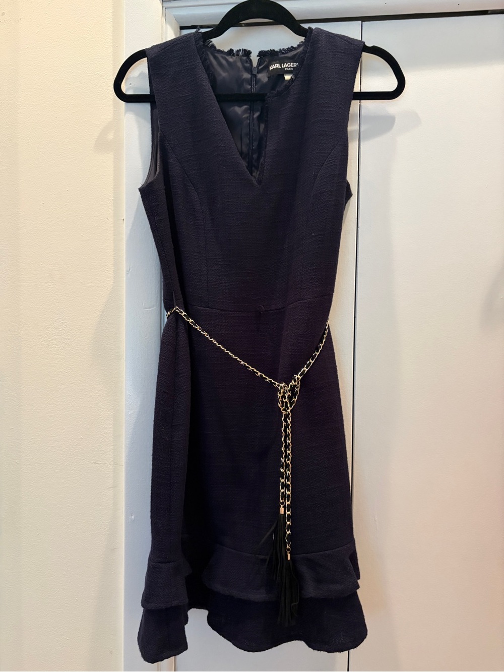 Karl Lagerfeld Navy Textured Sleeveless Midi Dress with Gold Chain Belt